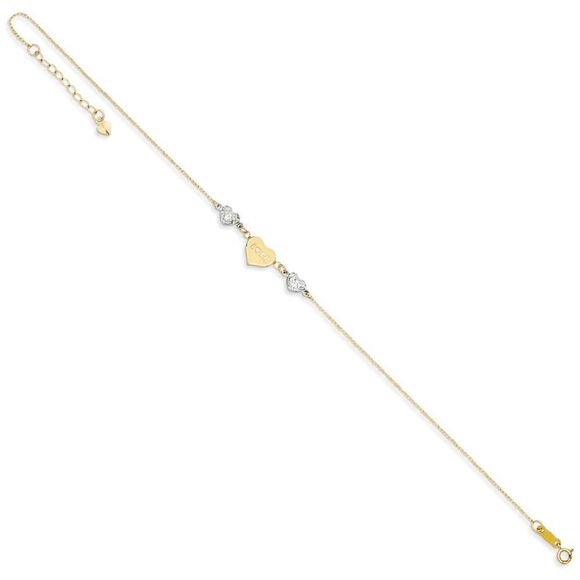14k Two-Tone Gold Diamond-Cut Puffed and Love Heart Anklet, 9 Inch - Picture 3 of 5